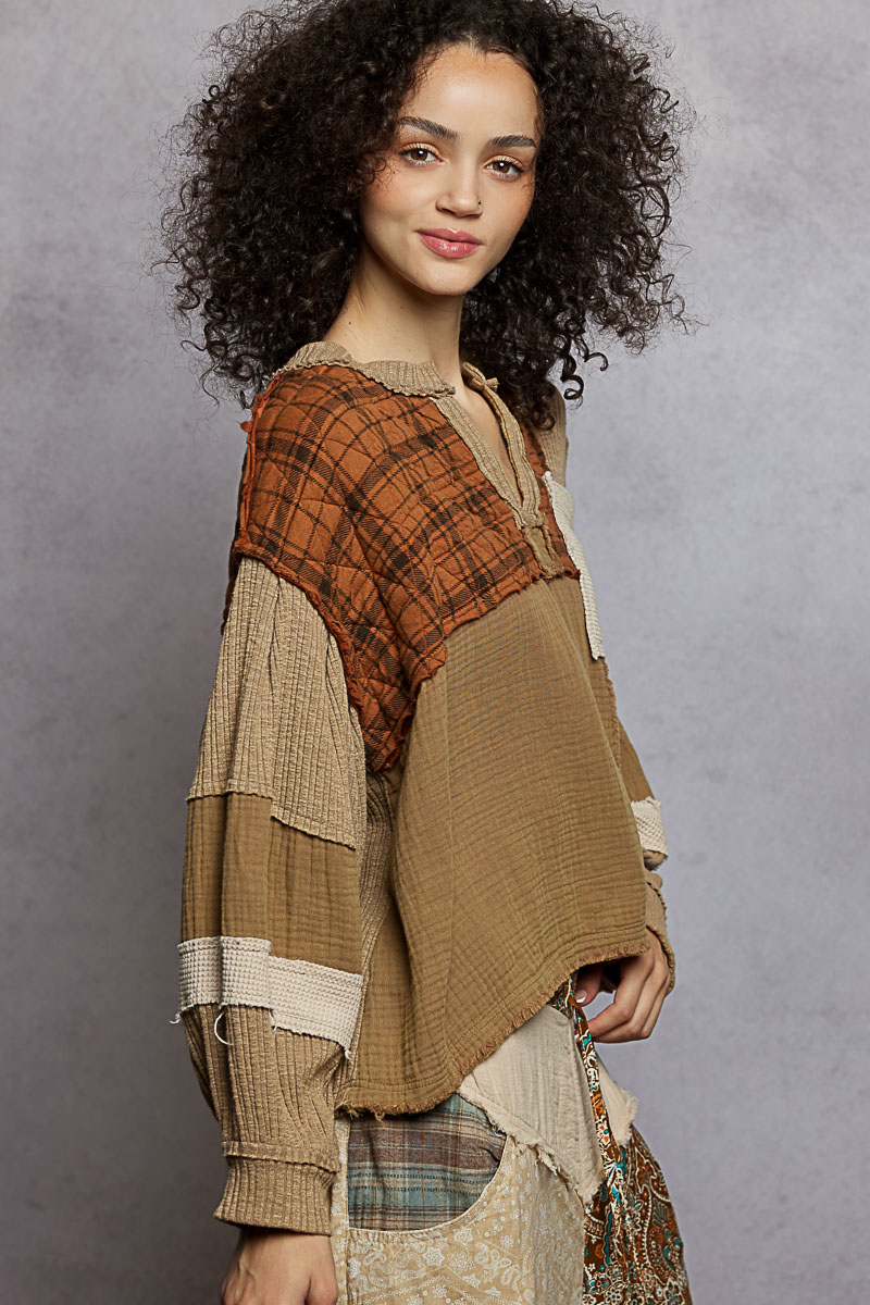Valerie V Notch Neck Pullover Plaid Almond