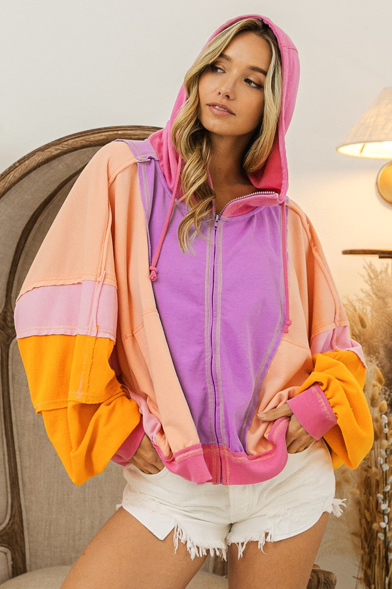 Natalie Color Block Zip Up Hoodie Lavender Combo
