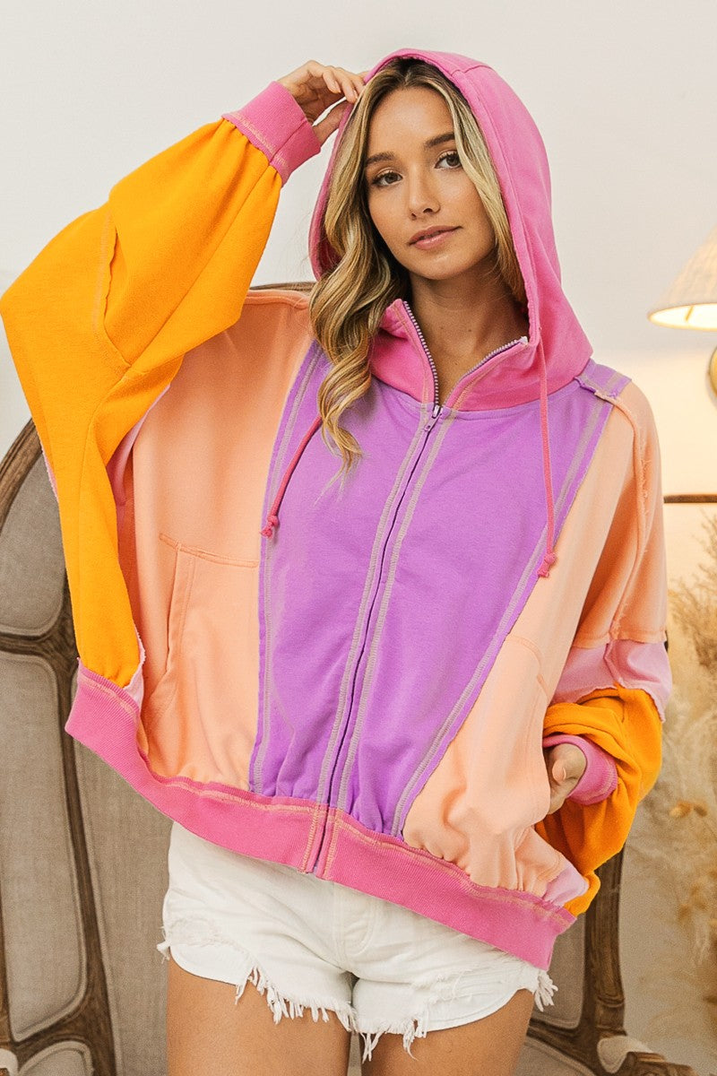 Natalie Color Block Zip Up Hoodie Lavender Combo