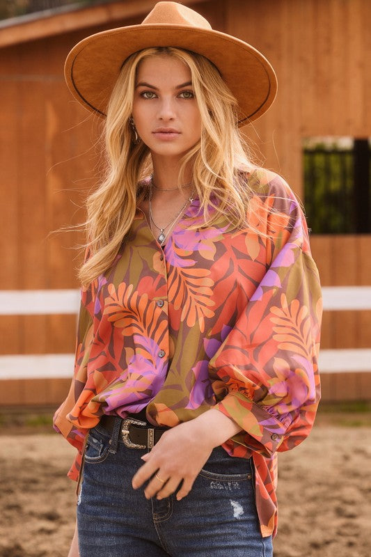 Lydia Leaf Print Blouse Brown Multi