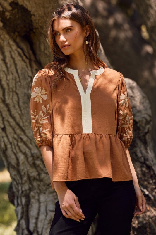 Piper Puff Sleeve Peplum Blouse Mocha