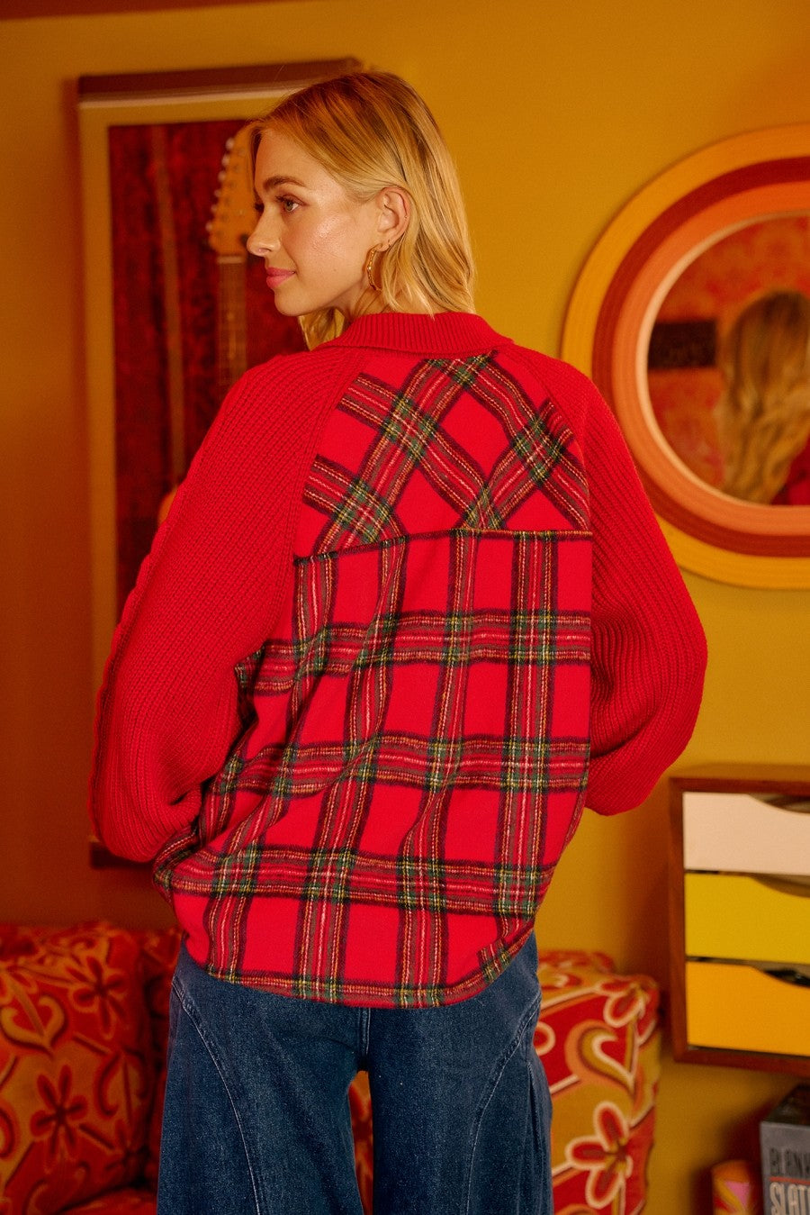 Plaid Buttoned Collared Top With Sweater Red