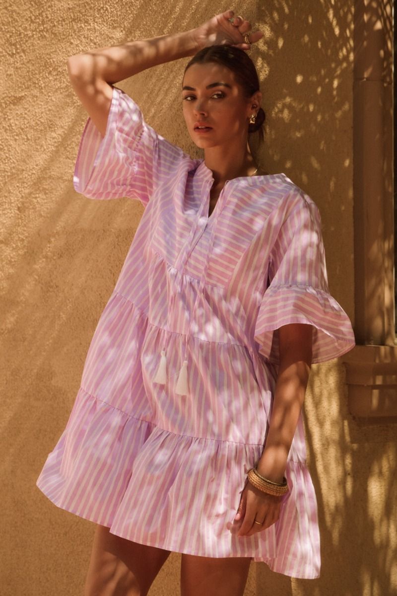 Treasure Tiered Striped Baby Doll Dress Lavender
