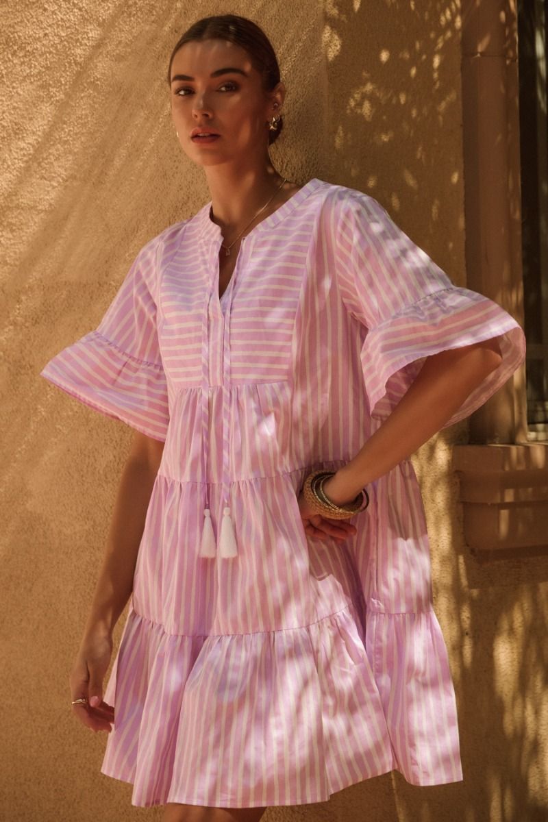 Treasure Tiered Striped Baby Doll Dress Lavender