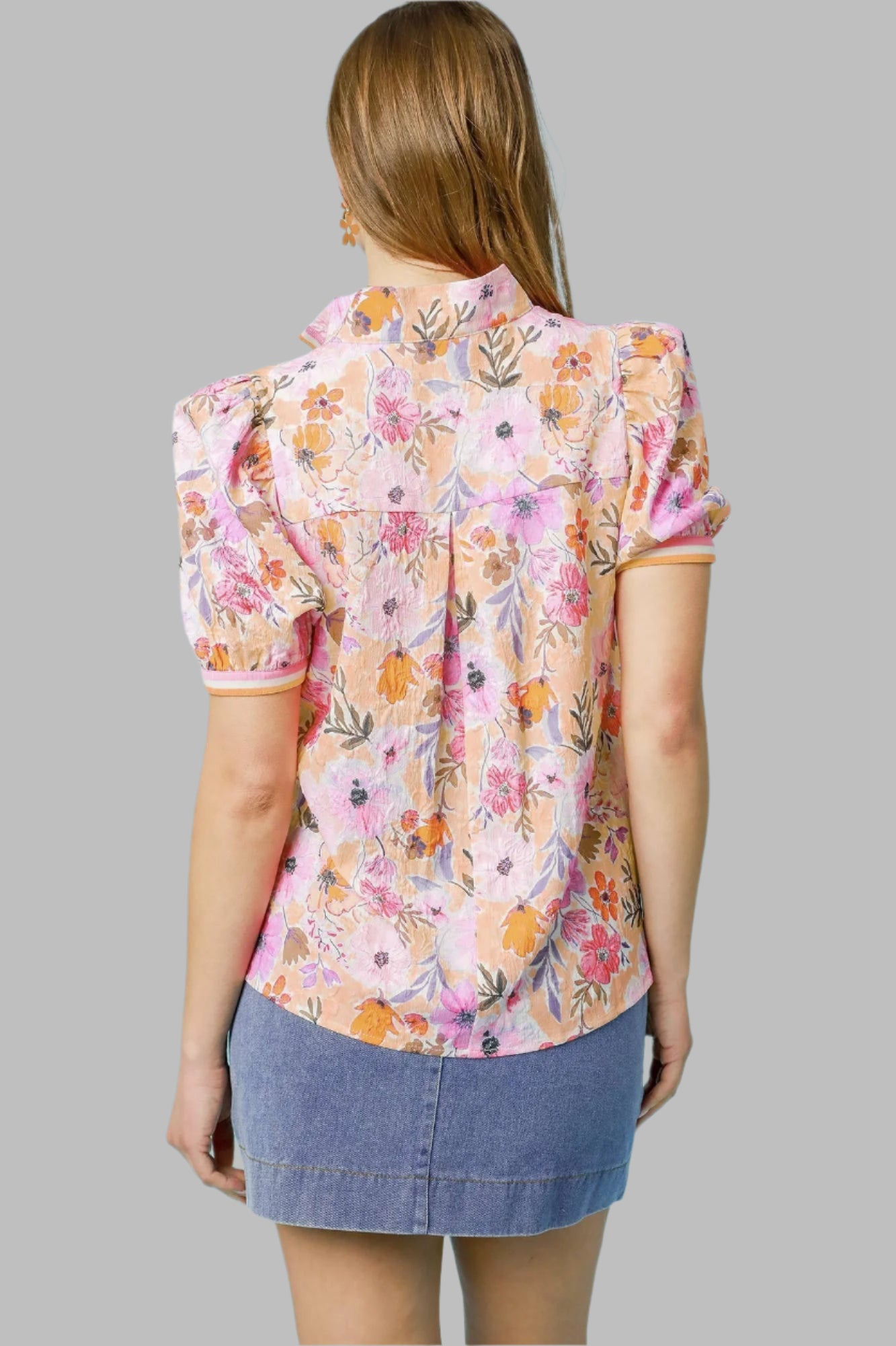 Tabitha Floral High Collar Split Neck Blouse Coral/Peach