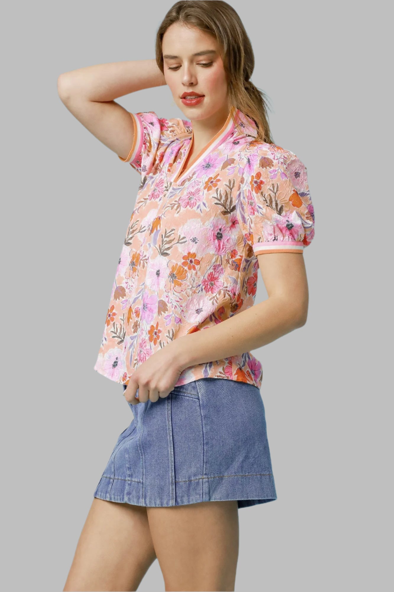 Tabitha Floral High Collar Split Neck Blouse Coral/Peach