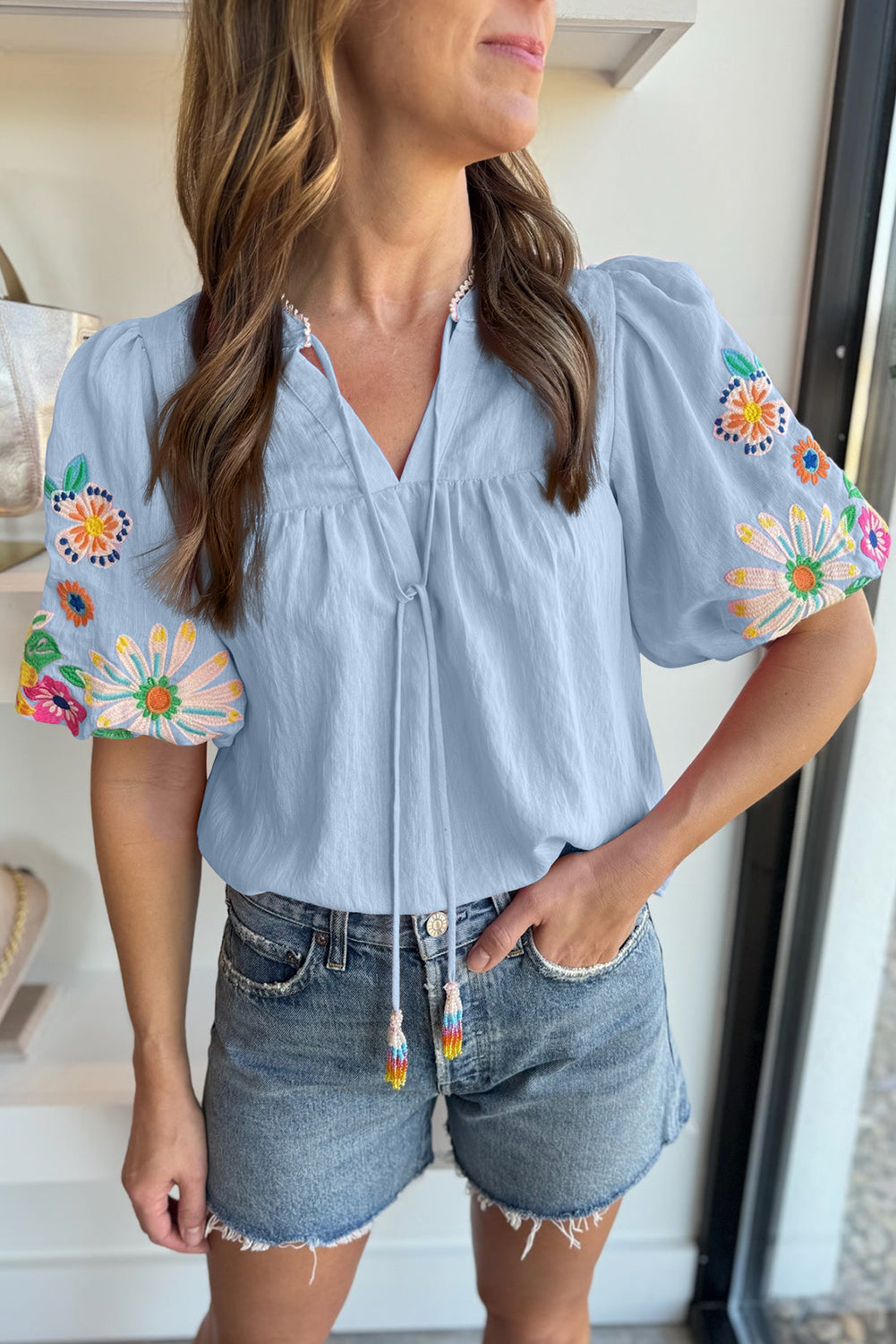 Priscilla Floral Embroidered Puff Sleeve Blouse Blue