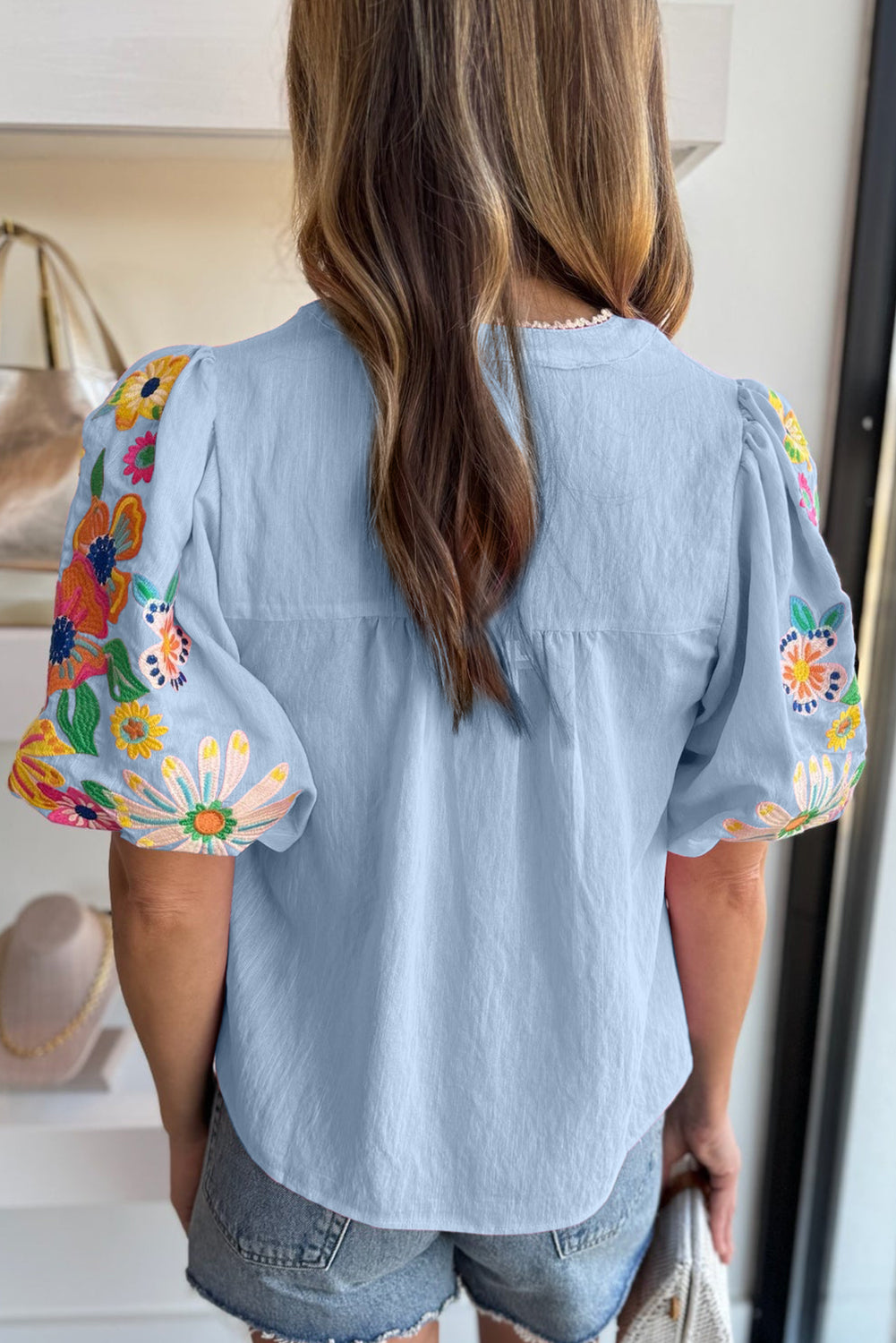 Priscilla Floral Embroidered Puff Sleeve Blouse Blue