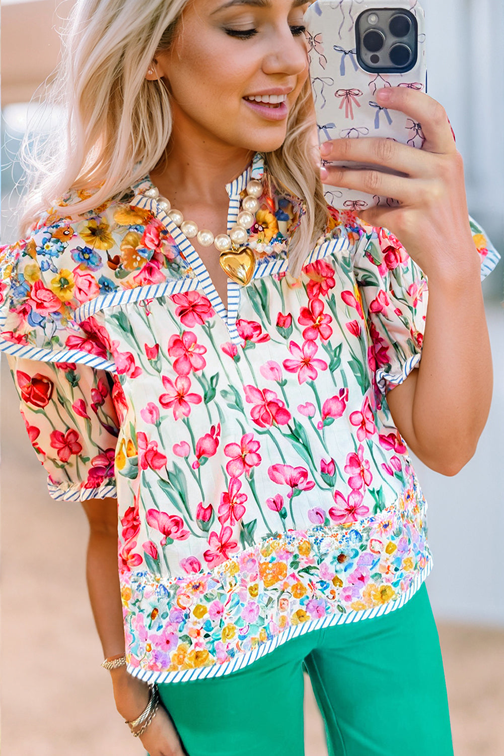 Paityn Floral Print Split Neck Blouse Pink