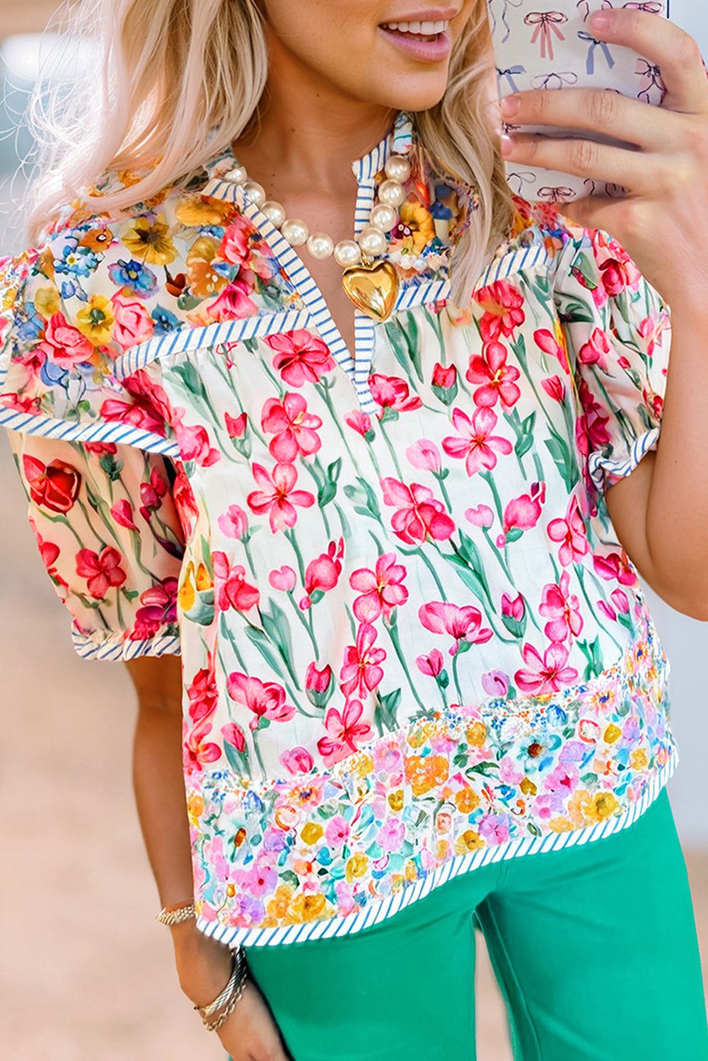 Paityn Floral Print Split Neck Blouse Pink