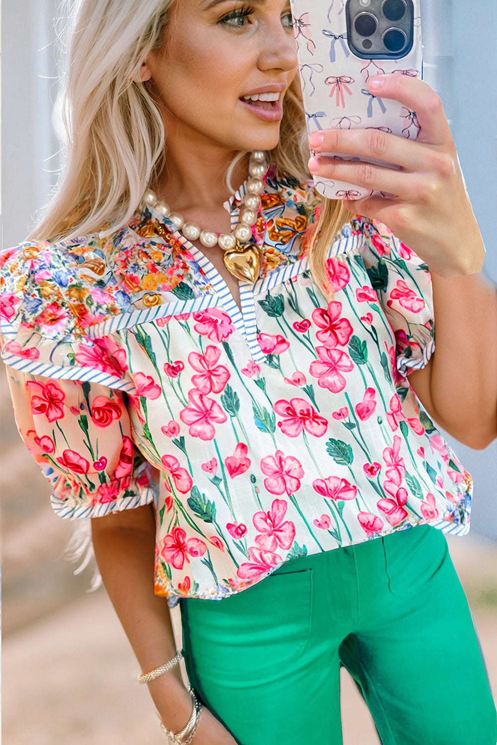 Paityn Floral Print Split Neck Blouse Pink