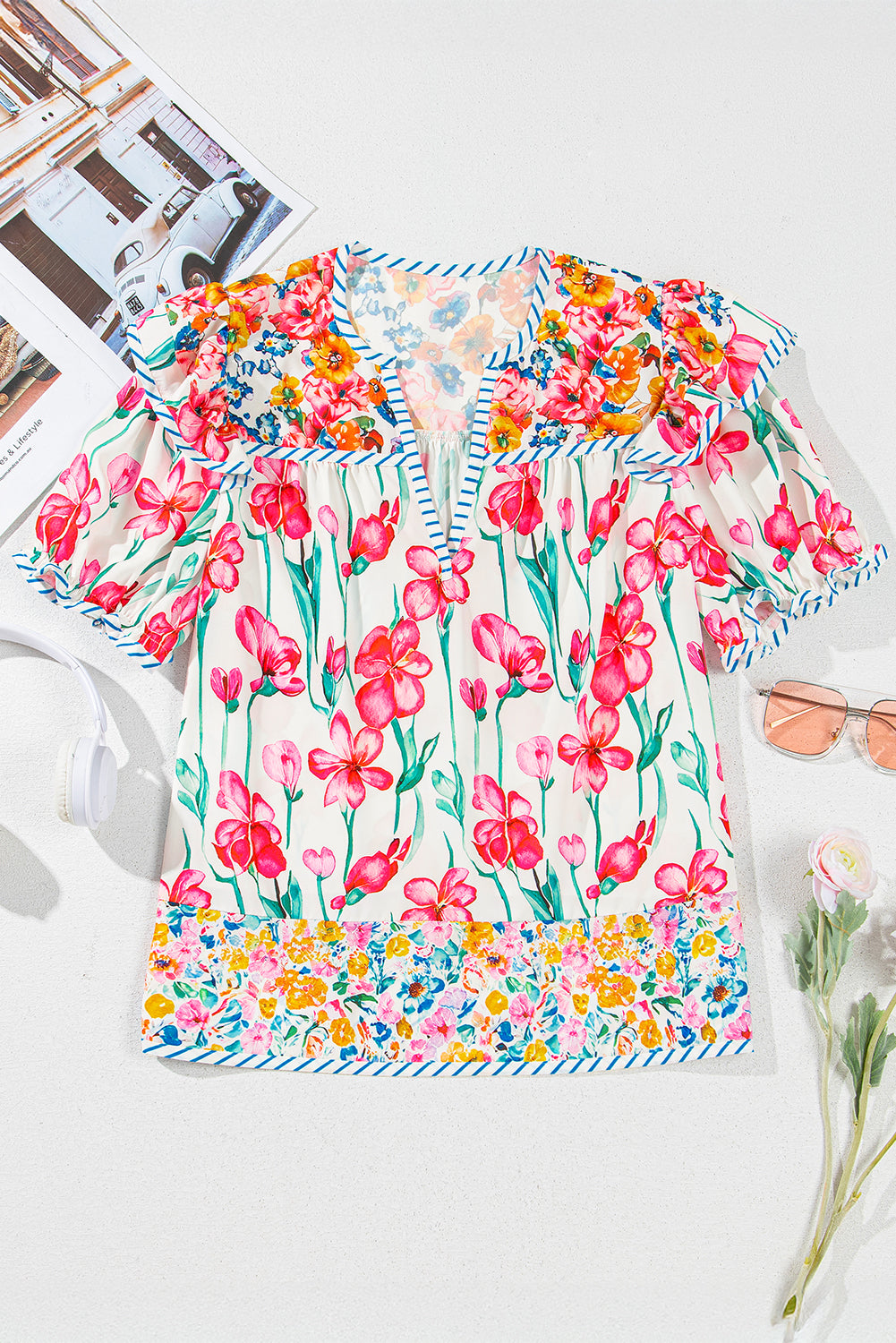 Paityn Floral Print Split Neck Blouse Pink