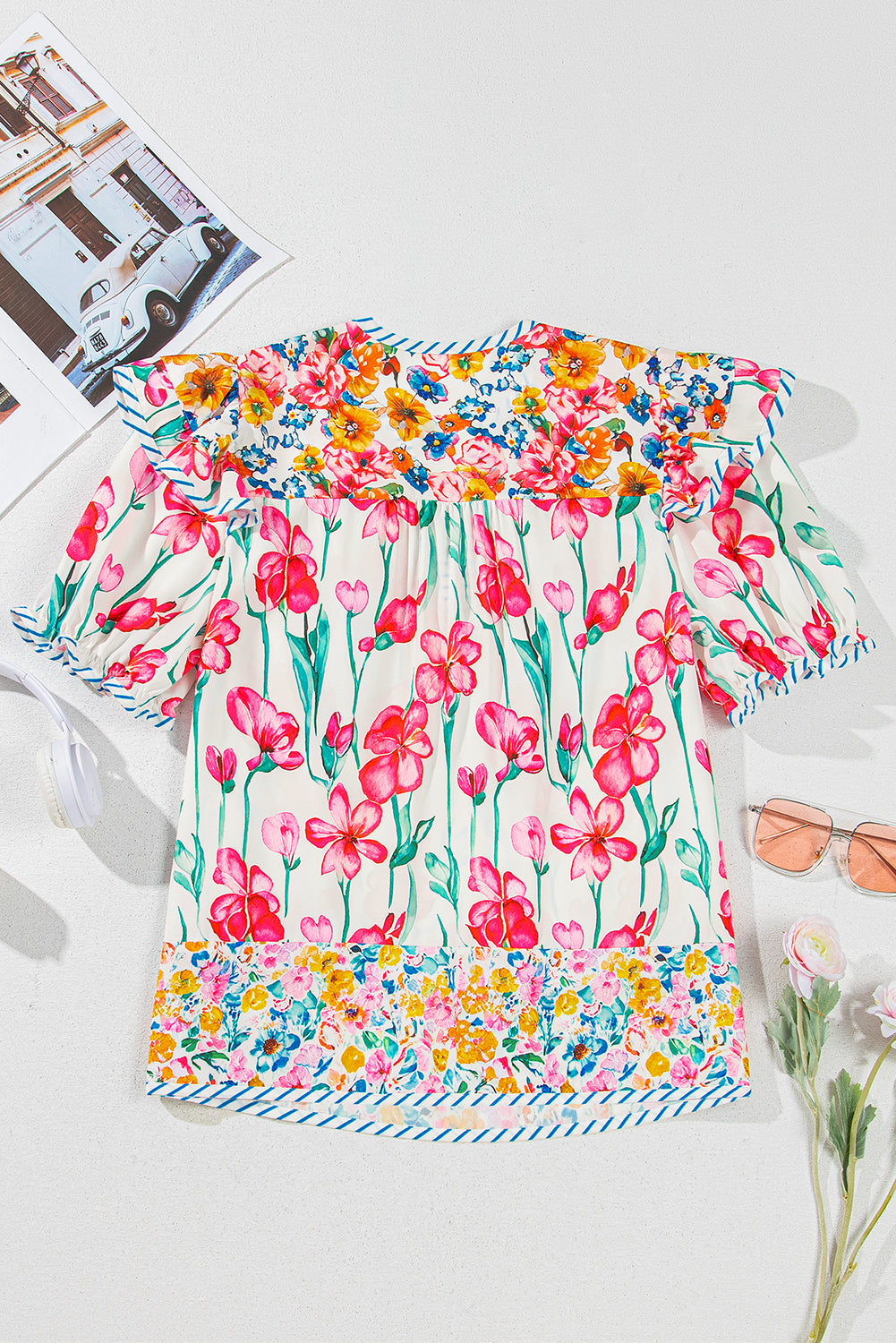 Paityn Floral Print Split Neck Blouse Pink