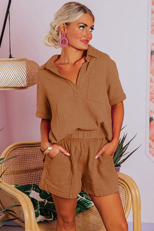 Carrie Crinkle Textured 2 Pc. Short Set Chestnut