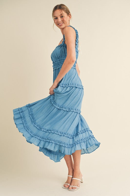 Riley Ruffled Midi Dress Blue Jay
