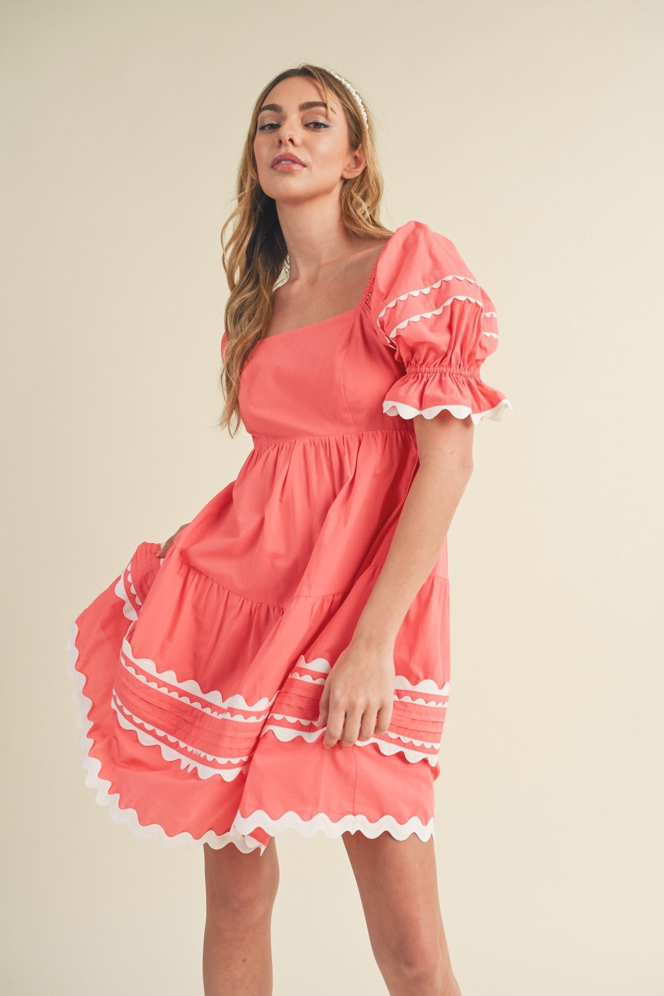 Rhonda Ric Rac Trim Babydoll Dress Coral Pink