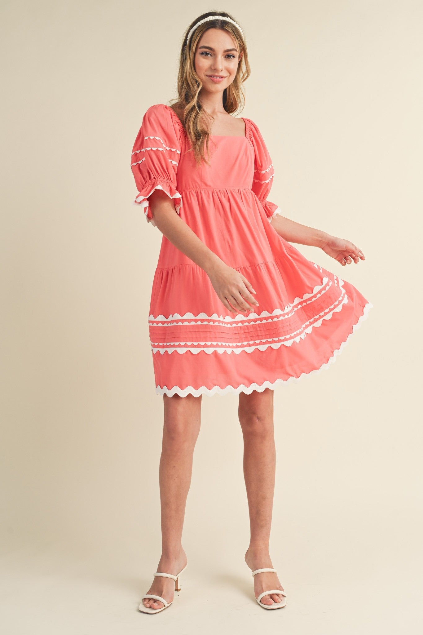 Rhonda Ric Rac Trim Babydoll Dress Coral Pink