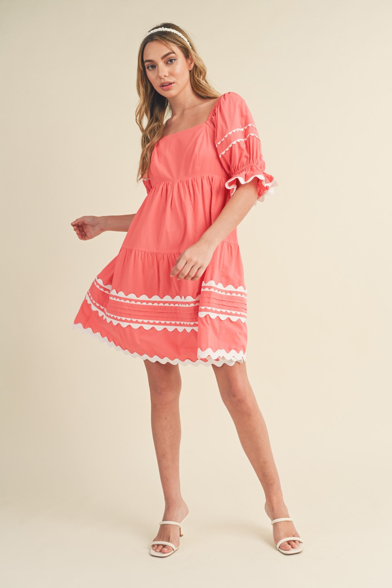 Rhonda Ric Rac Trim Babydoll Dress Coral Pink