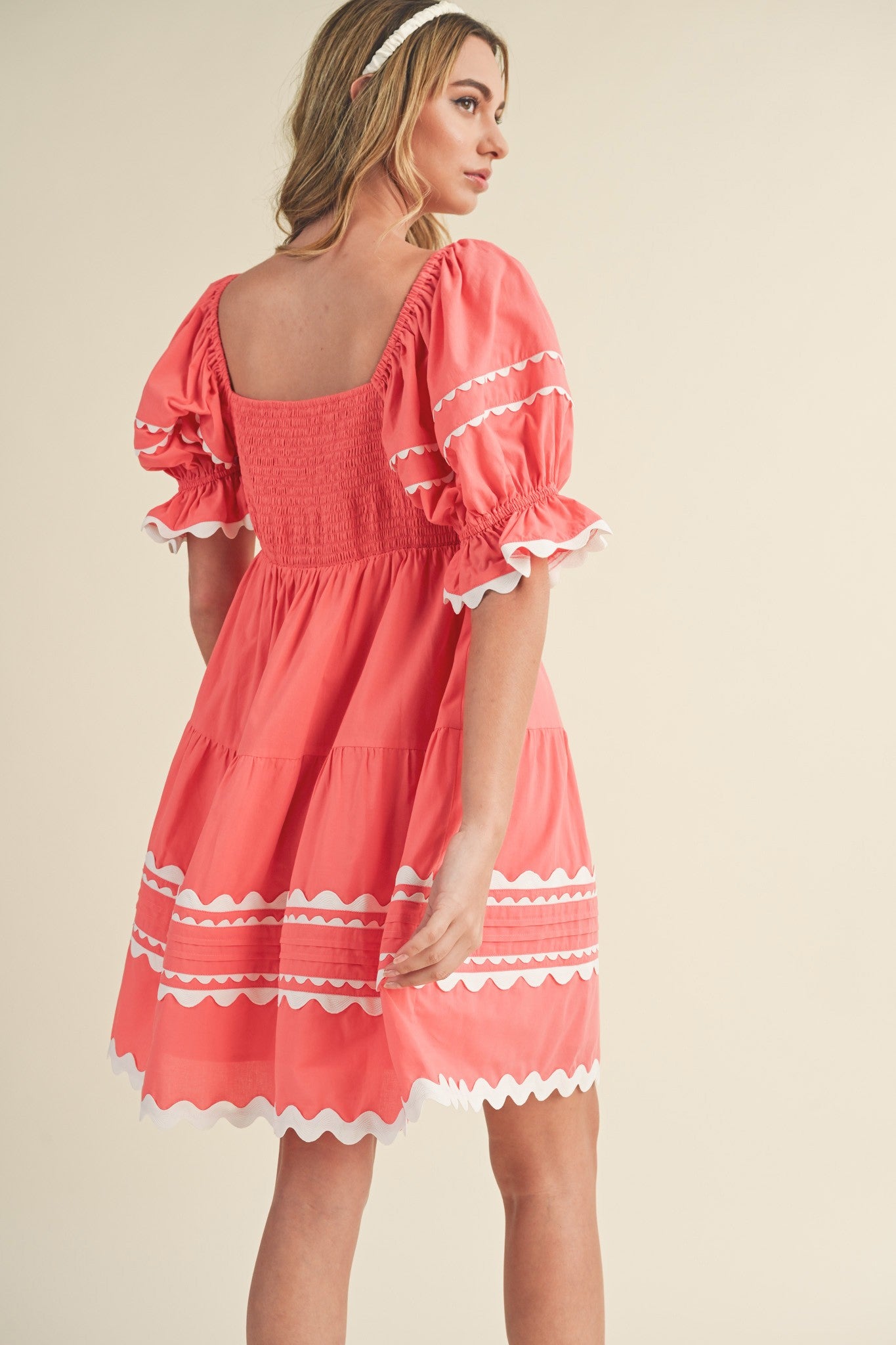 Rhonda Ric Rac Trim Babydoll Dress Coral Pink