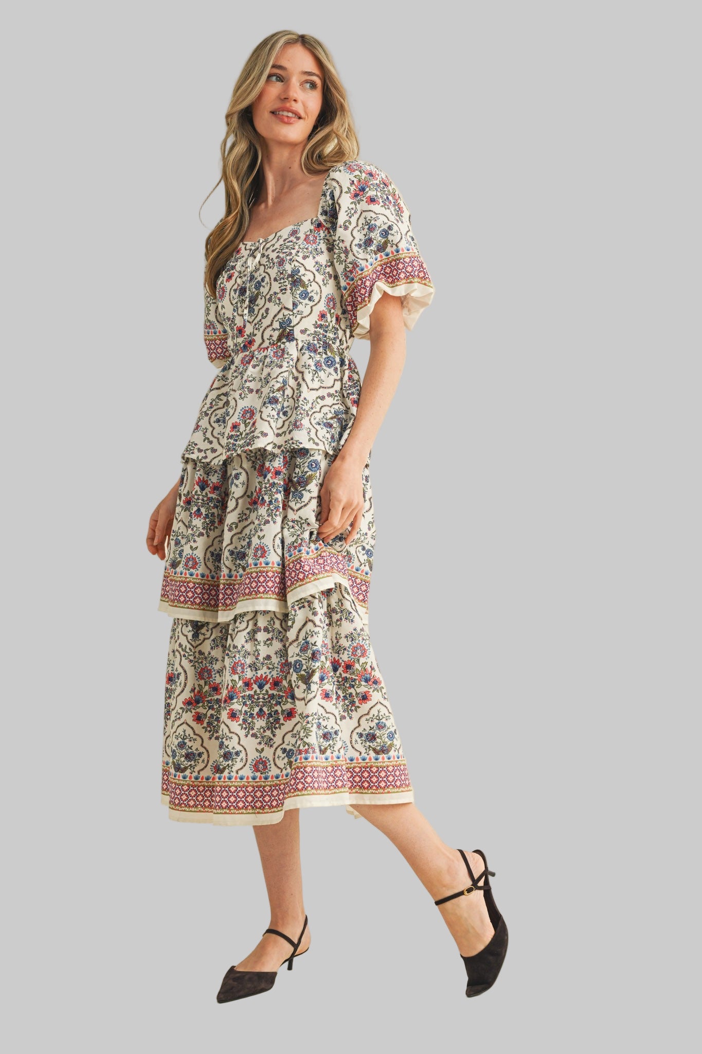 Beauty Queen Floral Print Tiered Skirt Midi Dress Cream'