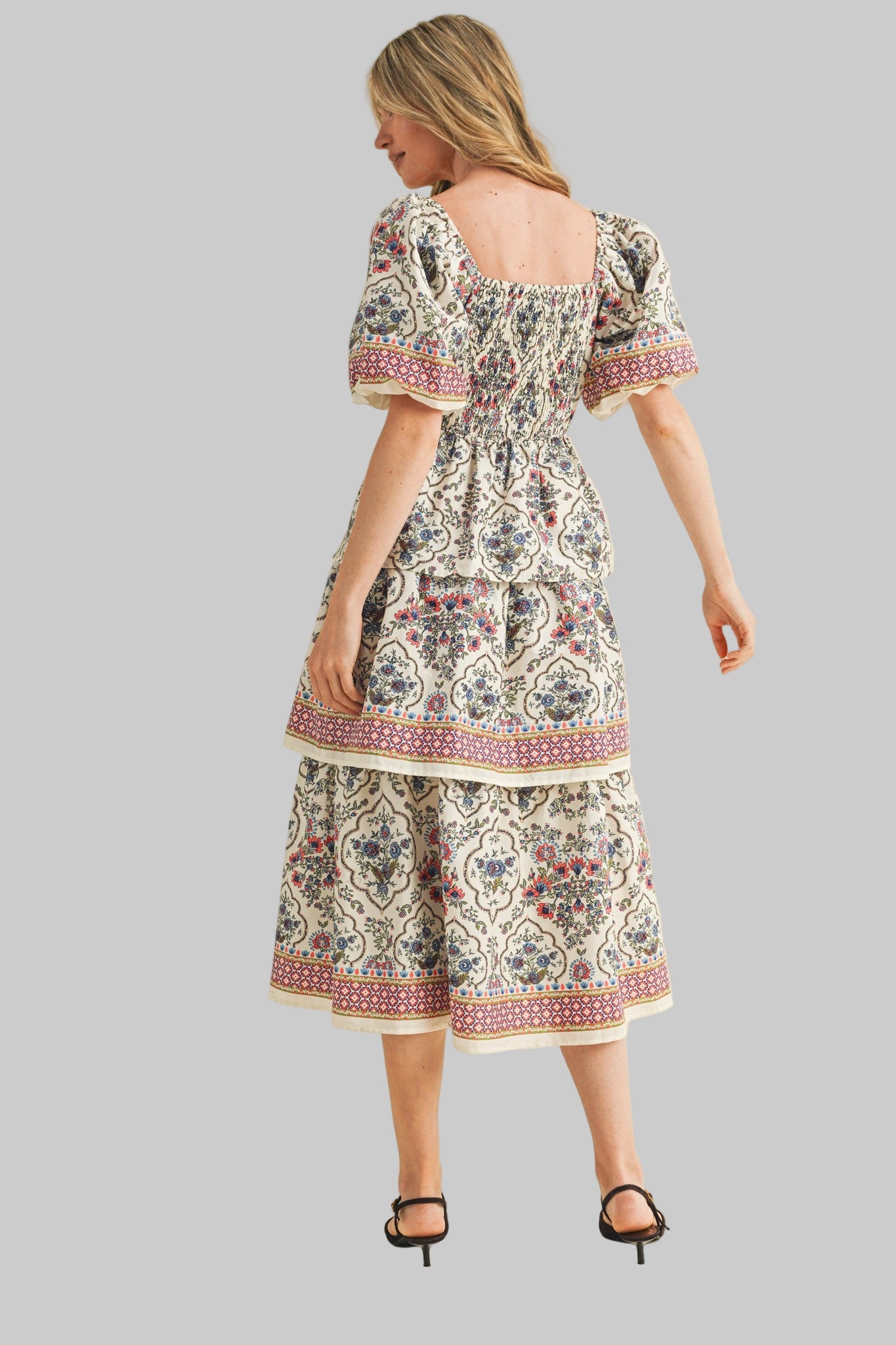 Beauty Queen Floral Print Tiered Skirt Midi Dress Cream'