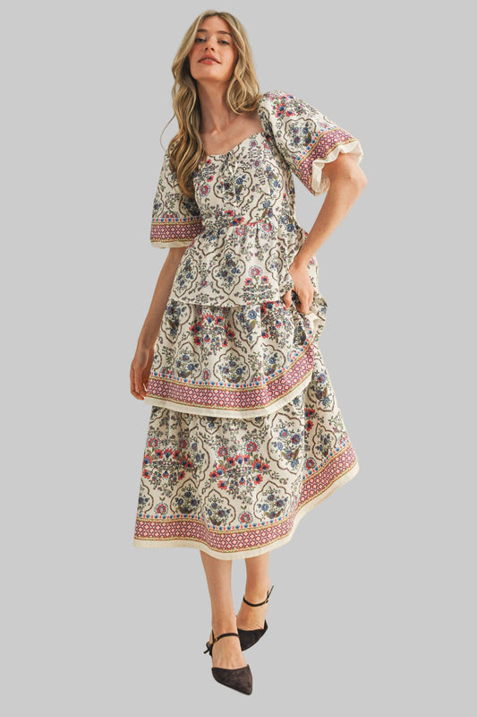 Beauty Queen Floral Print Tiered Skirt Midi Dress Cream'
