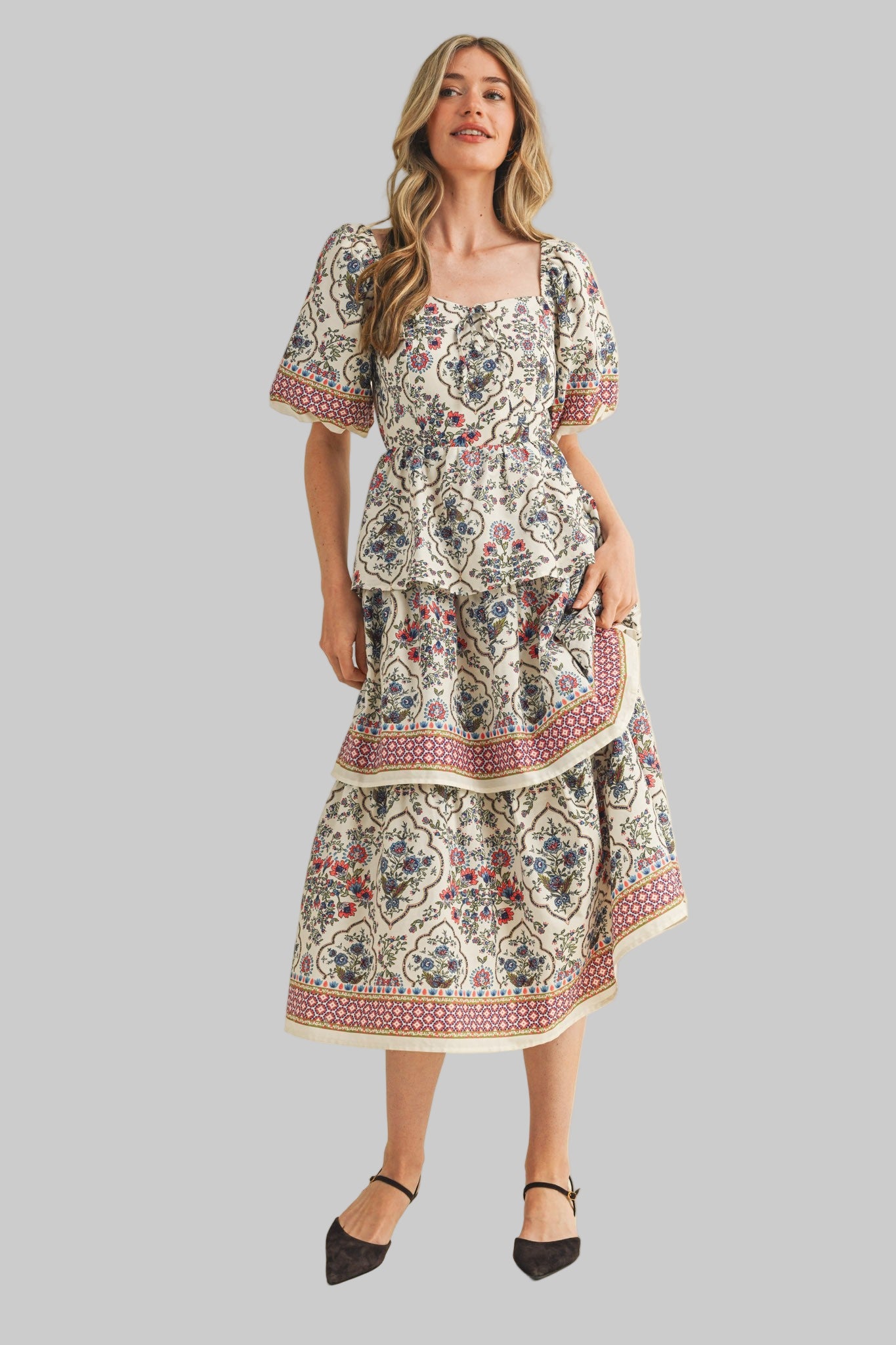 Beauty Queen Floral Print Tiered Skirt Midi Dress Cream'