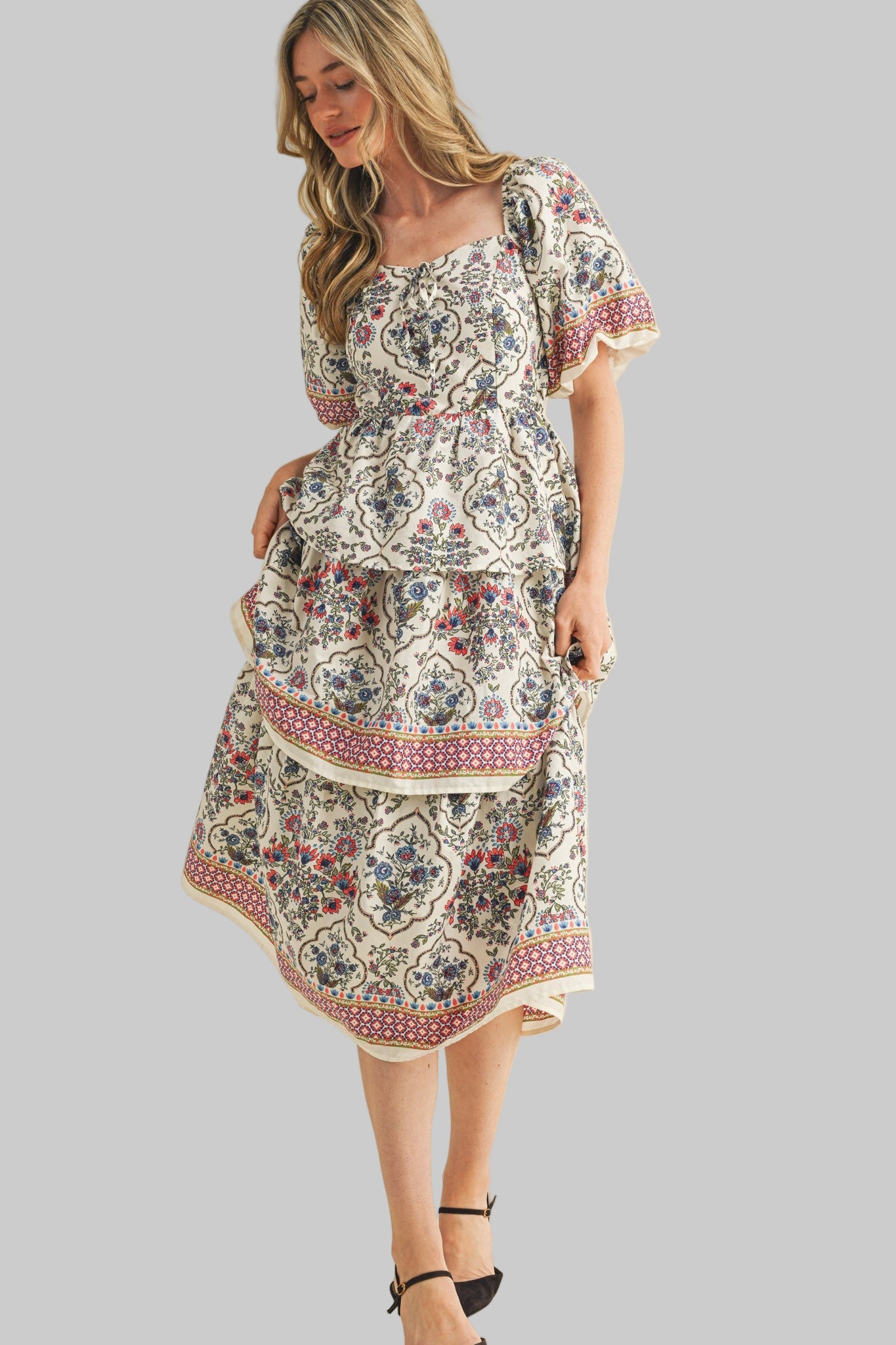 Beauty Queen Floral Print Tiered Skirt Midi Dress Cream'