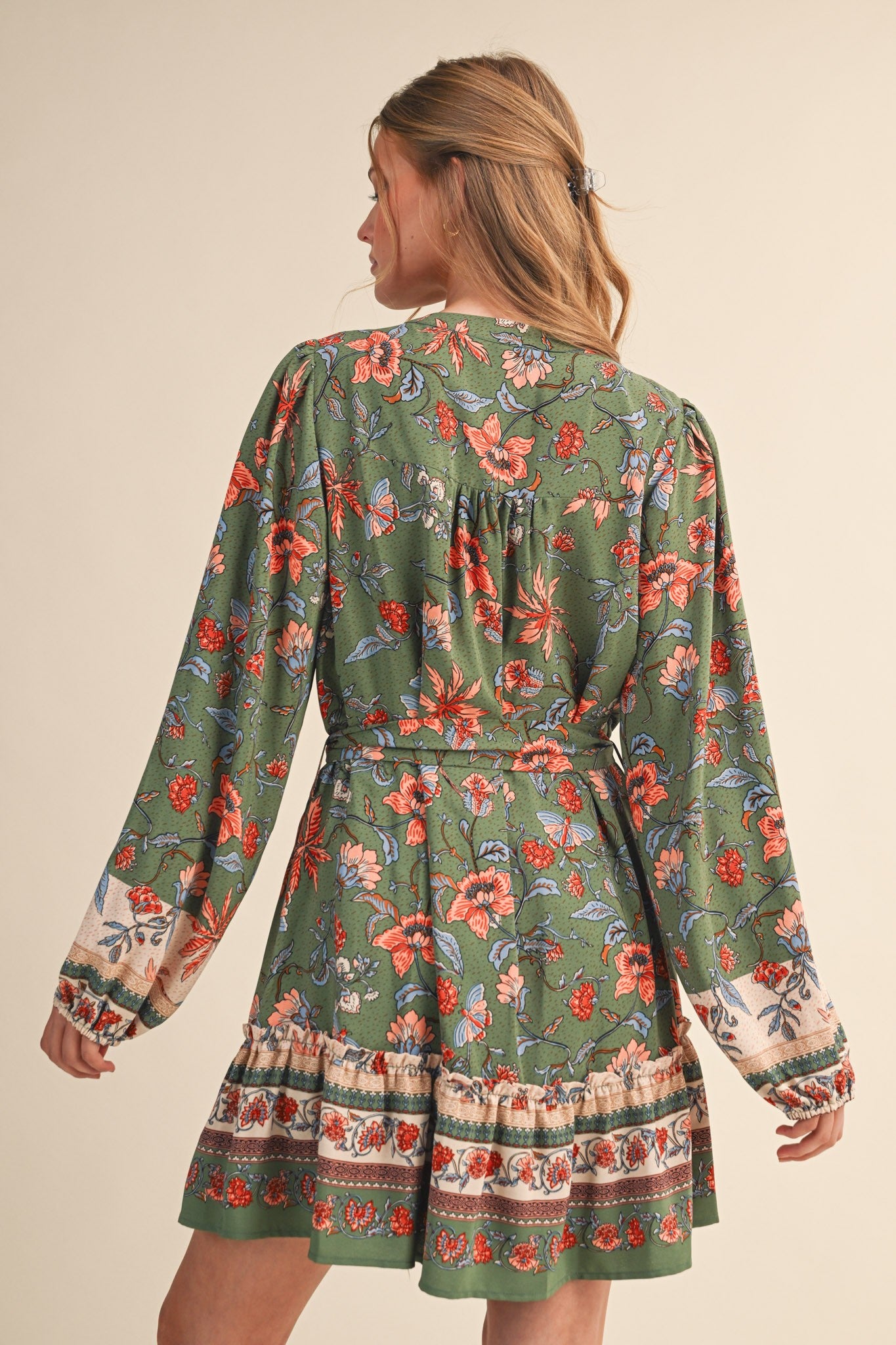 Penelopy Paisley Floral Print Button Down Belted Mini Dress Sage