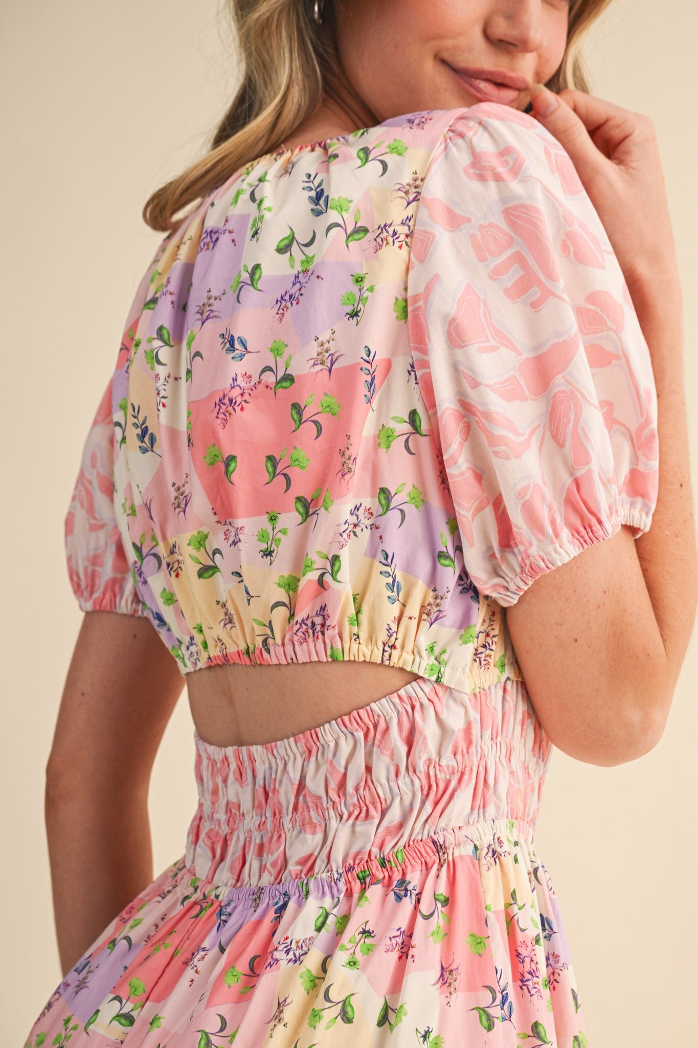 Mallory Mixed Floral Print Tiered Cut Out Back Midi Dress Pink