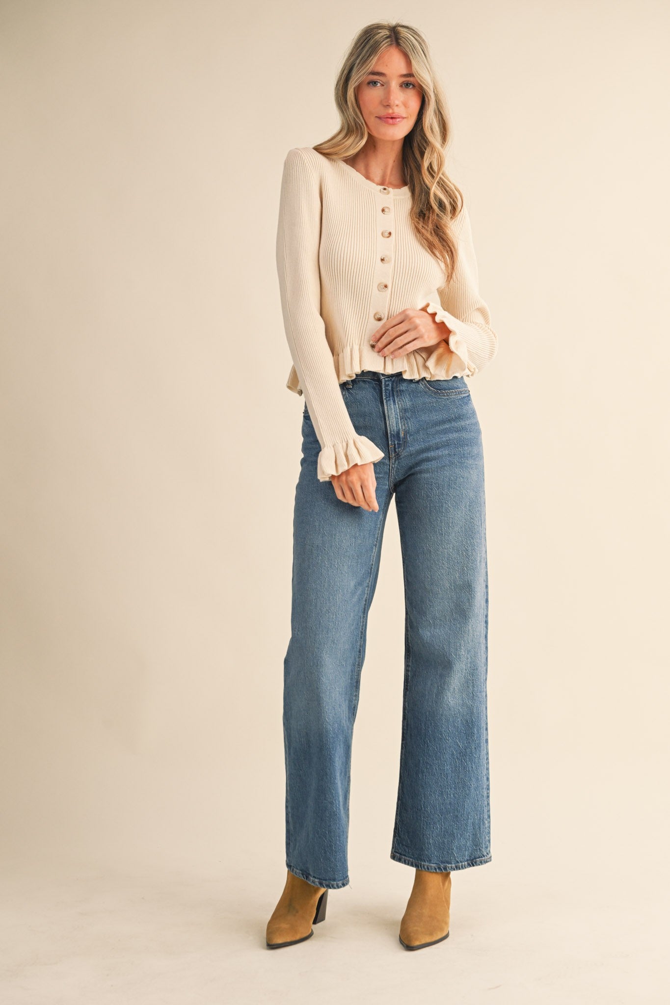 Regina Ruffled Hem Ribbed Knit Sweater Egg Shell