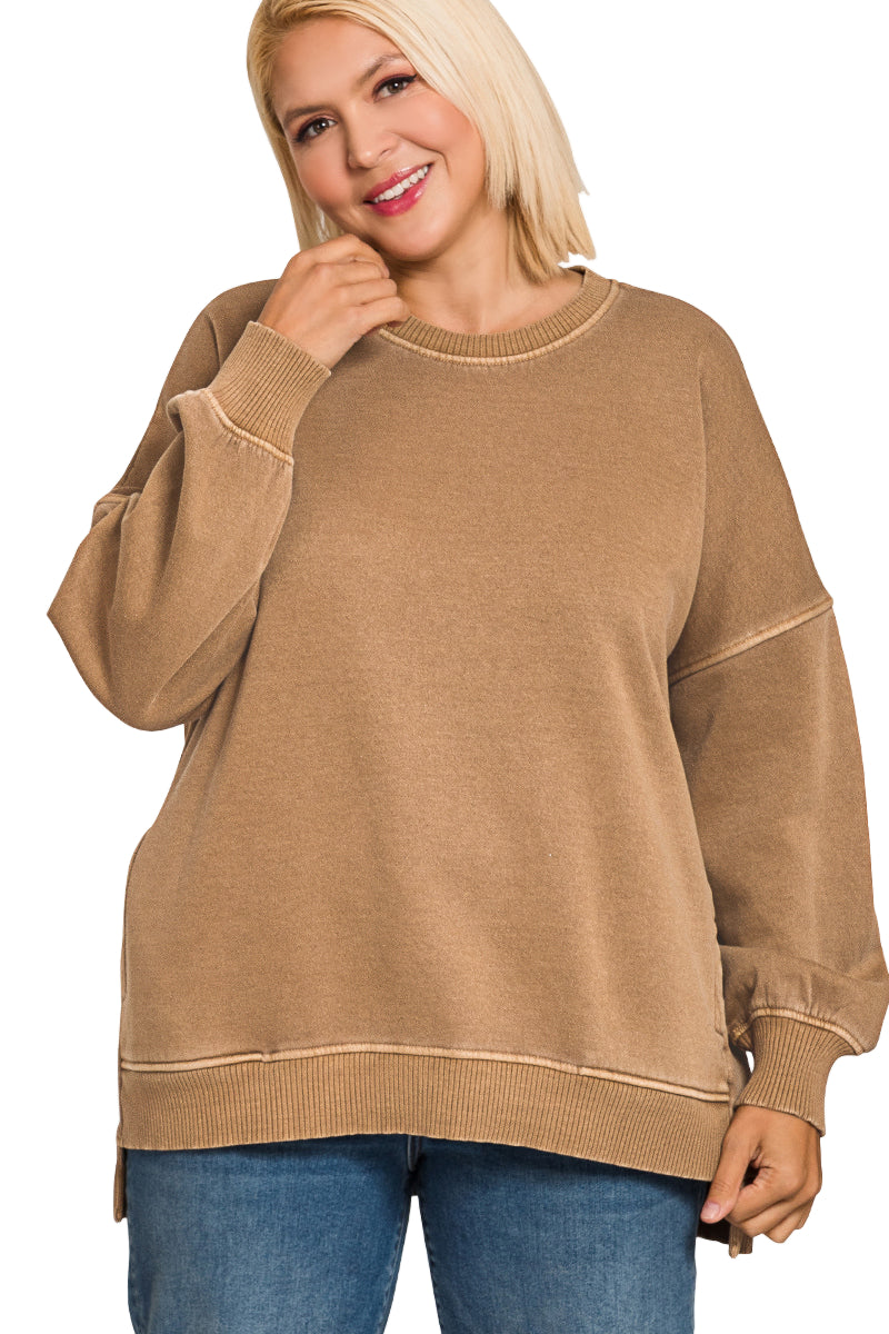 Ivy Fleece High Low Hem Pullover With Pockets Deep Camel