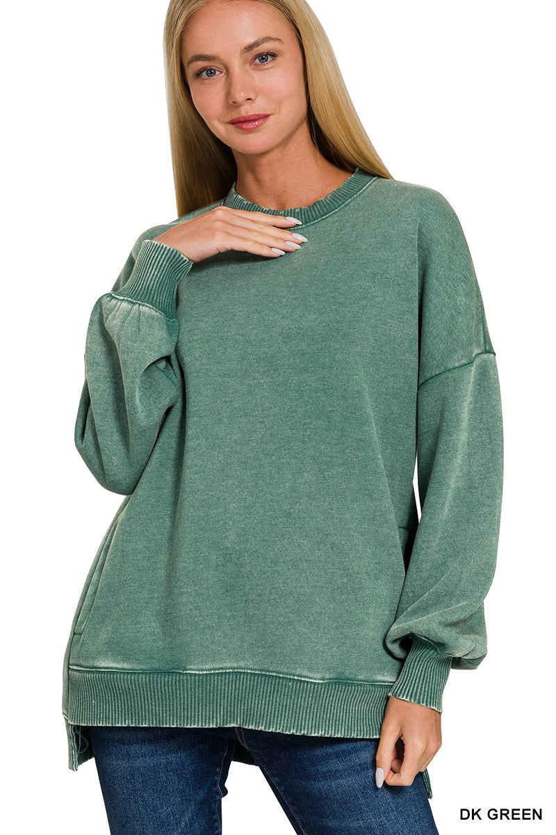 Arlene Acid Washed High-Low Hem Pullover Dark Dreen