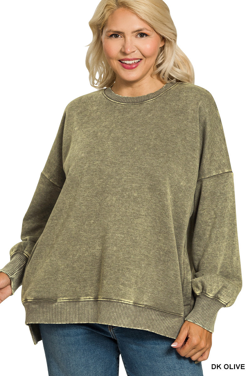 Arlene Acid Washed High-Low Hem Pullover With Pockets Dark Olive