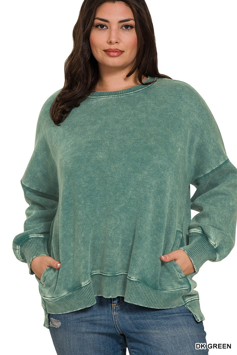 Arlene Acid Washed High-Low Hem Pullover Dark Dreen