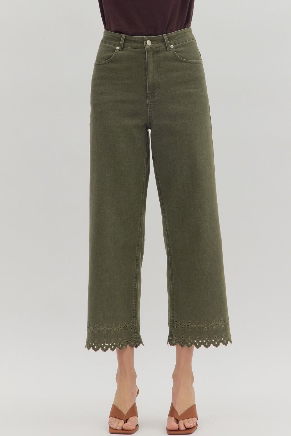 Eden Embroidered Hem Pants Olive