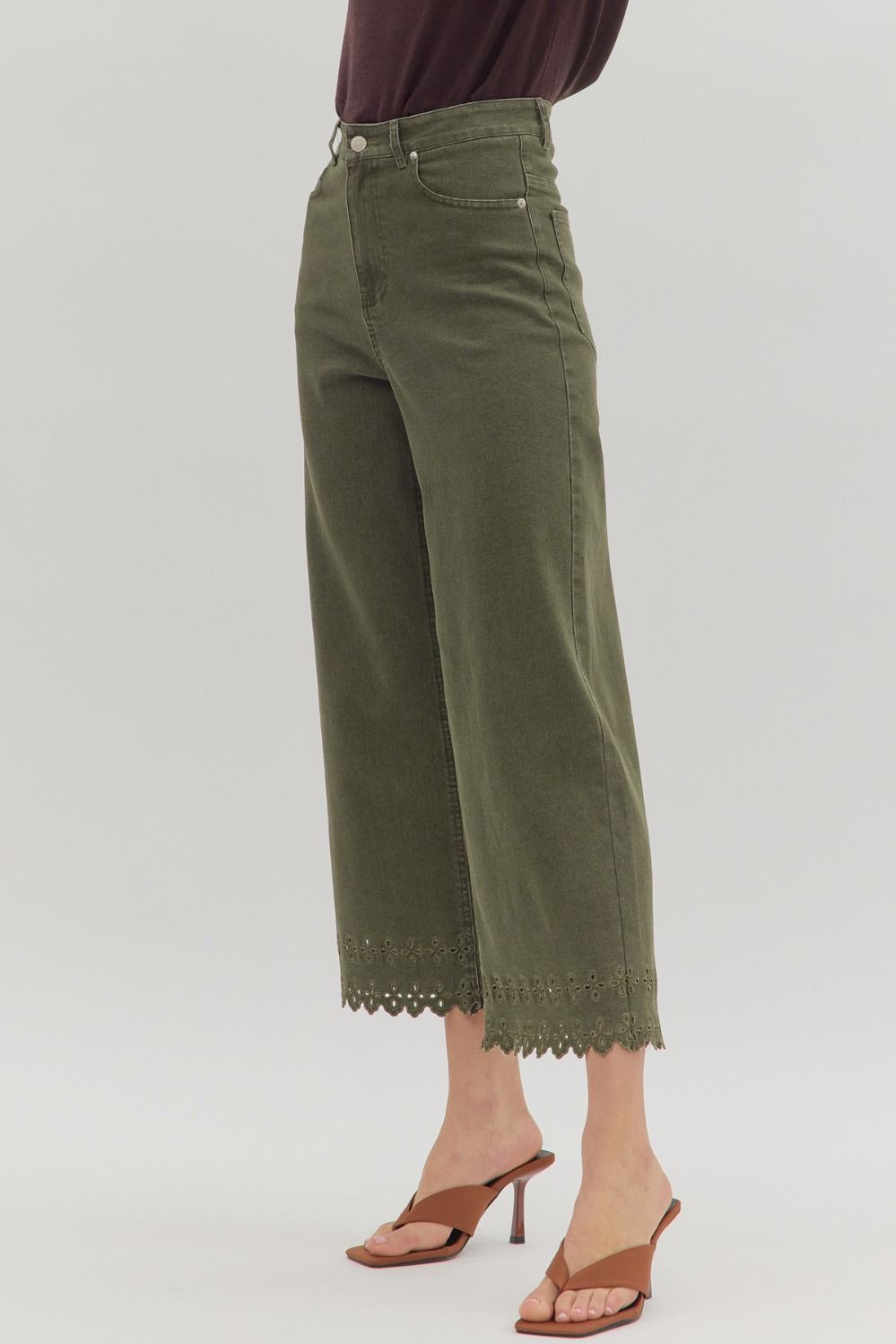 Eden Embroidered Hem Pants Olive