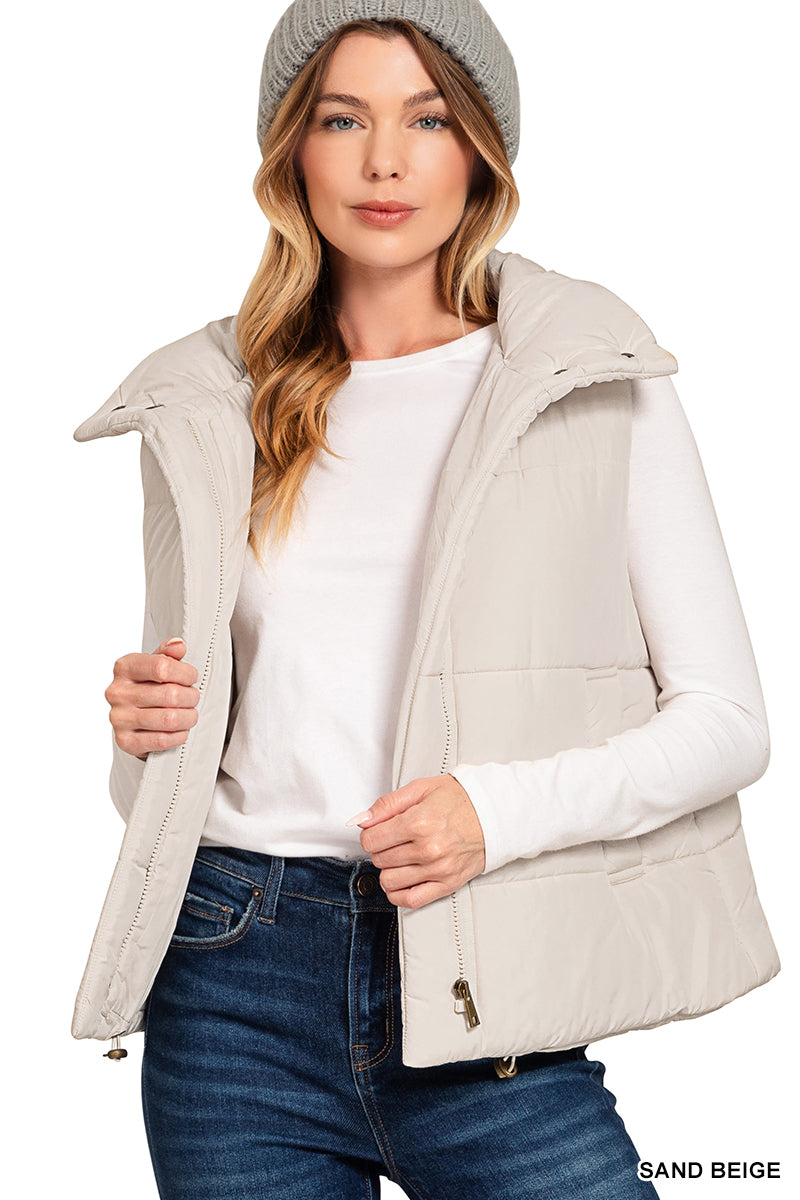 Hannah High Neck Puffer Vest Sand Beige