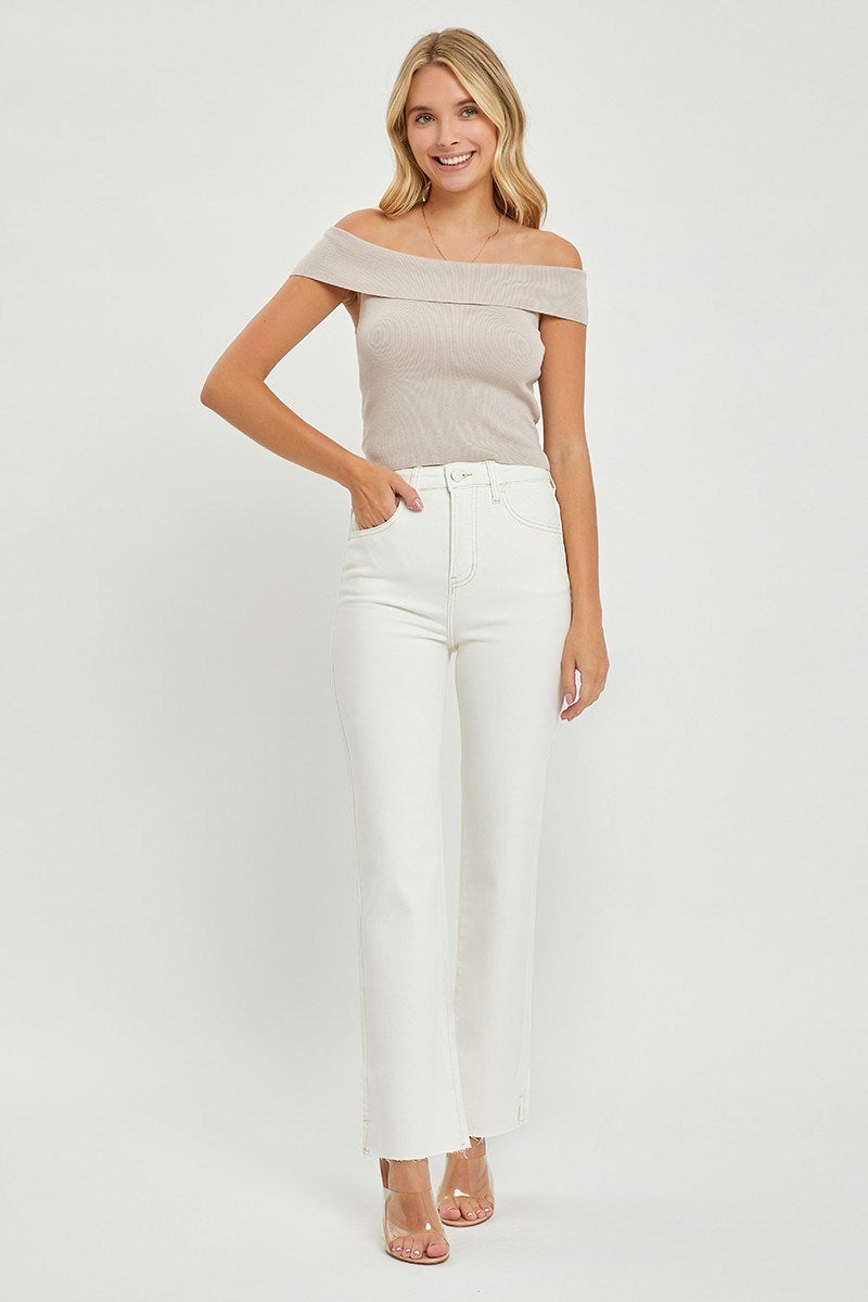 Piper Risen High Rise Side Slit Straight Denim Pants Cream