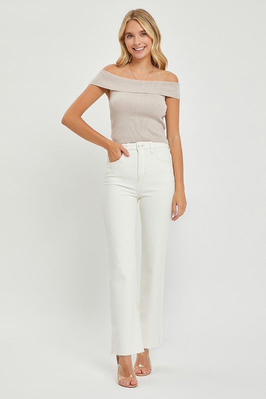 Piper Risen High Rise Side Slit Straight Denim Pants Cream