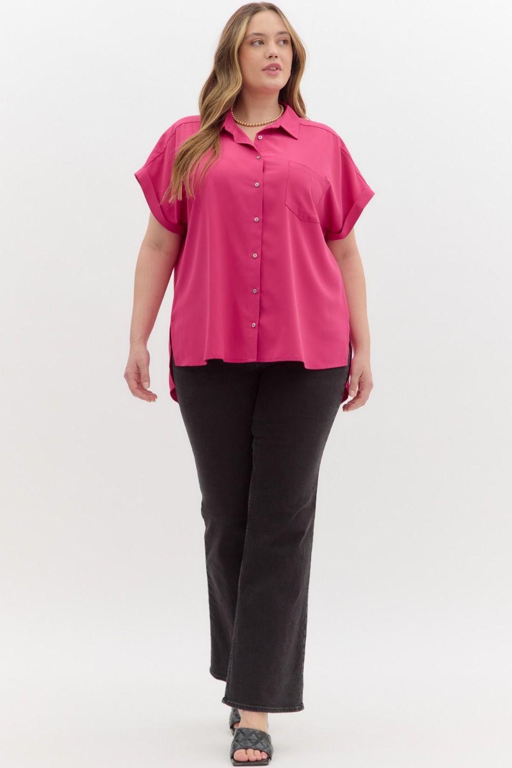 Piper Short Sleeve Button Down Hot Pink
