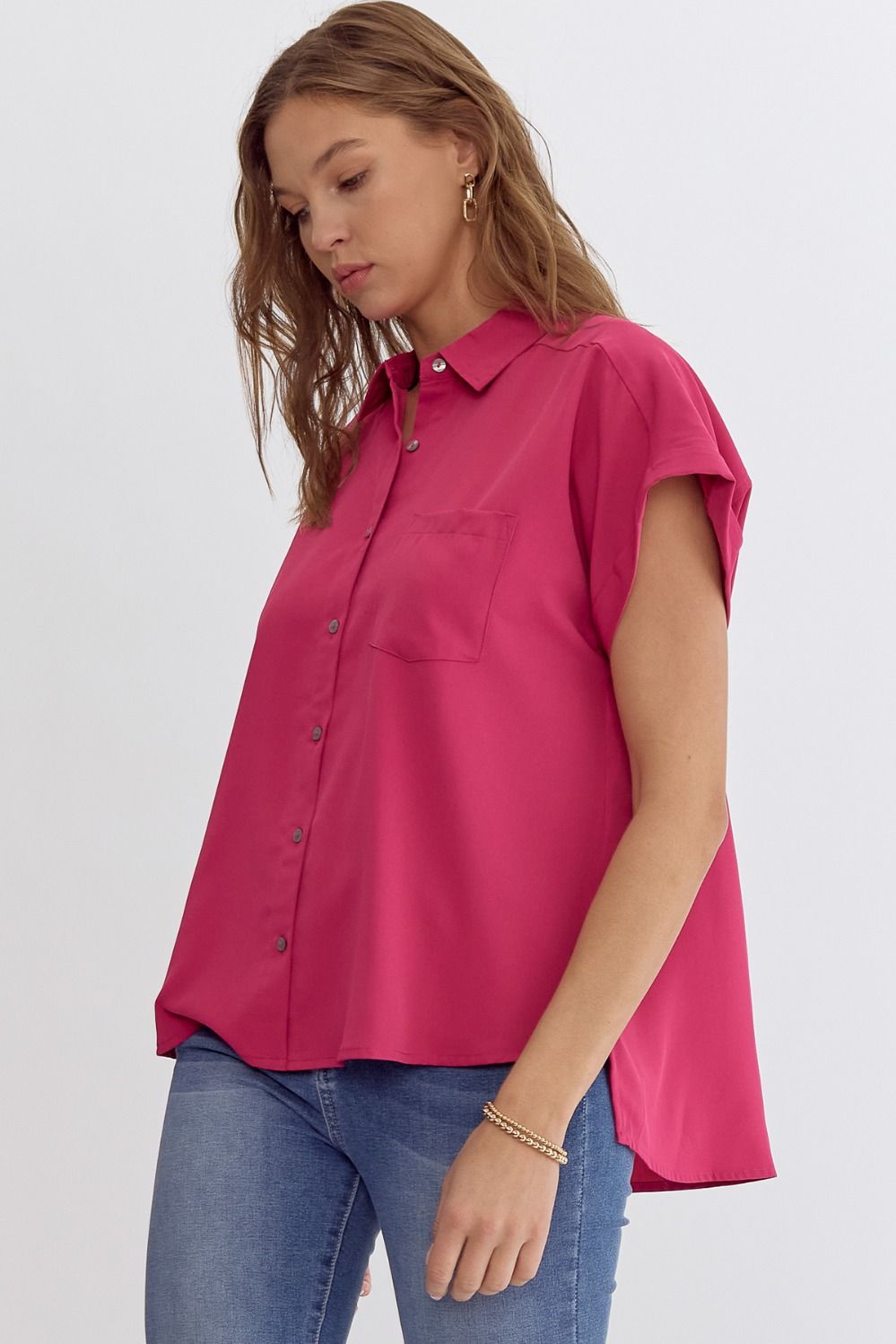 Piper Short Sleeve Button Down Hot Pink