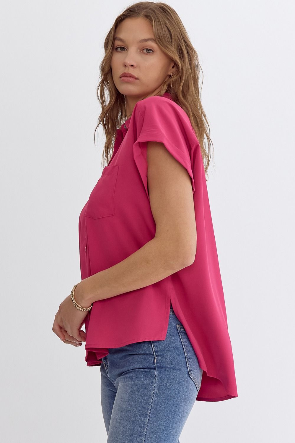 Piper Short Sleeve Button Down Hot Pink