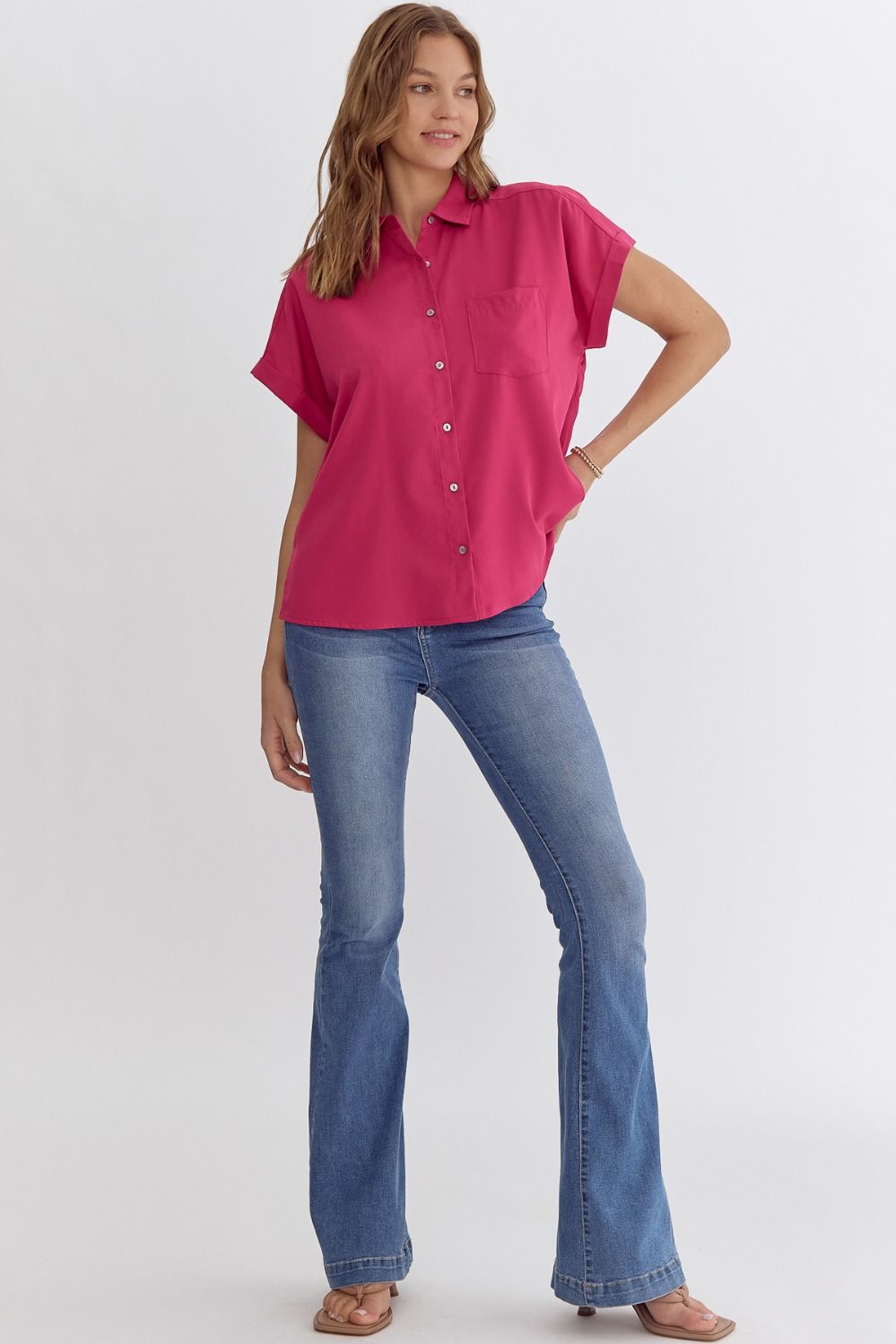 Piper Short Sleeve Button Down Hot Pink