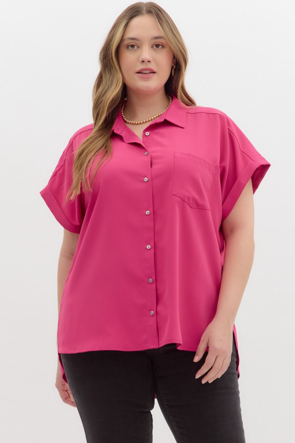 Piper Short Sleeve Button Down Hot Pink