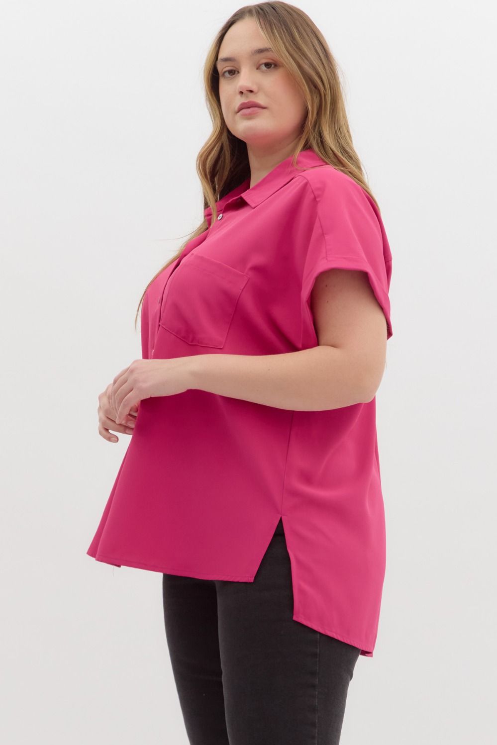 Piper Short Sleeve Button Down Hot Pink