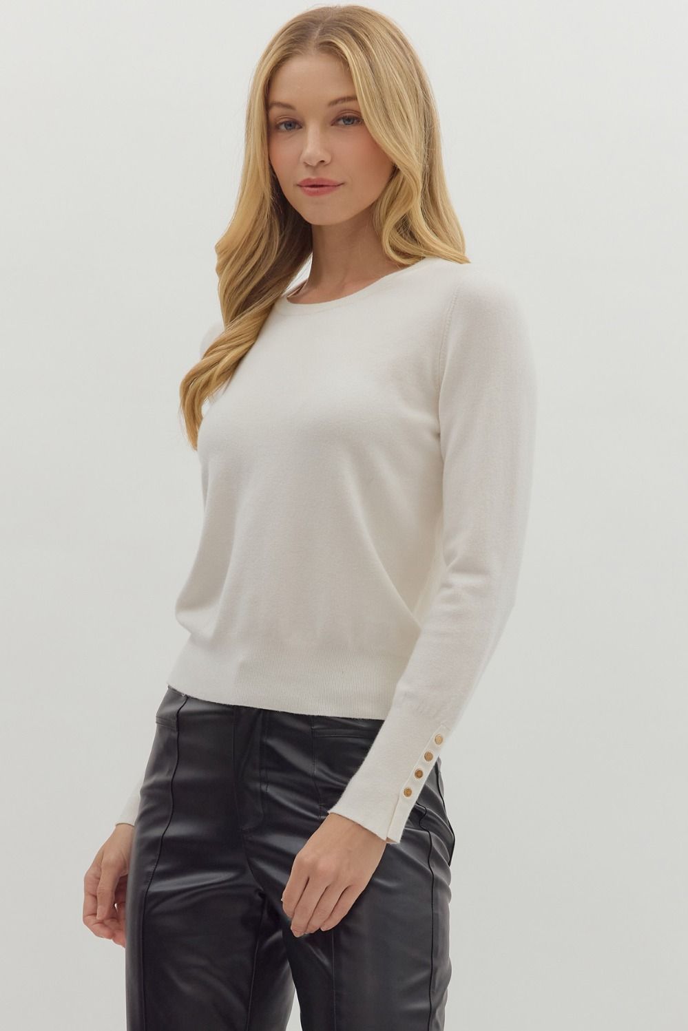 Sarah Solid Button Detail Cuff Long Sleeve Top Cream