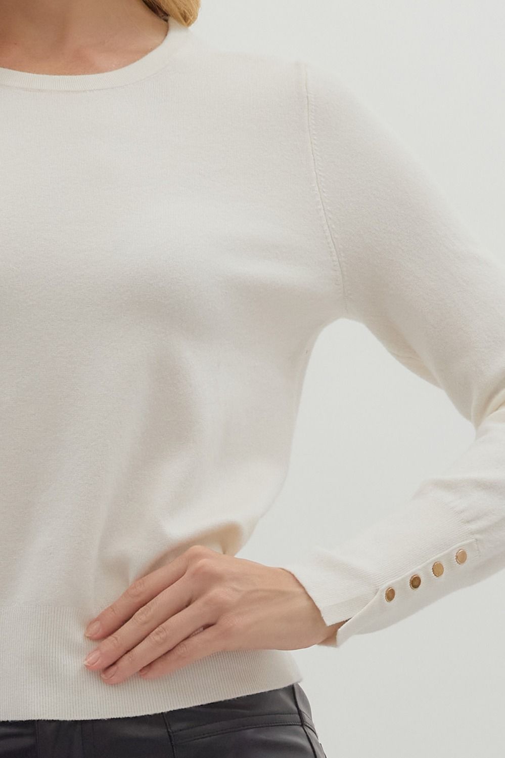 Sarah Solid Button Detail Cuff Long Sleeve Top Cream