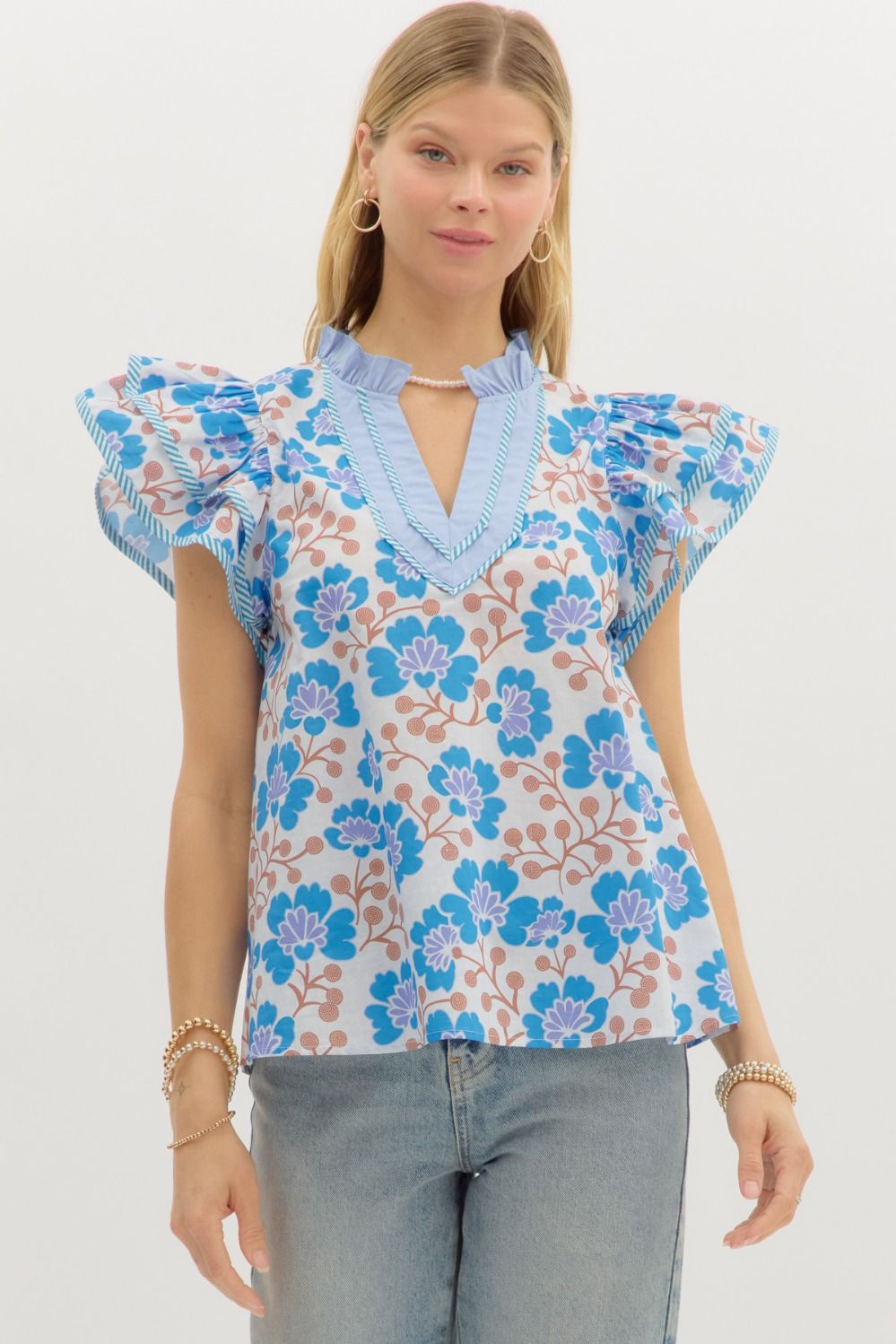 Dacia Floral Flutter Sleeve Top Blue