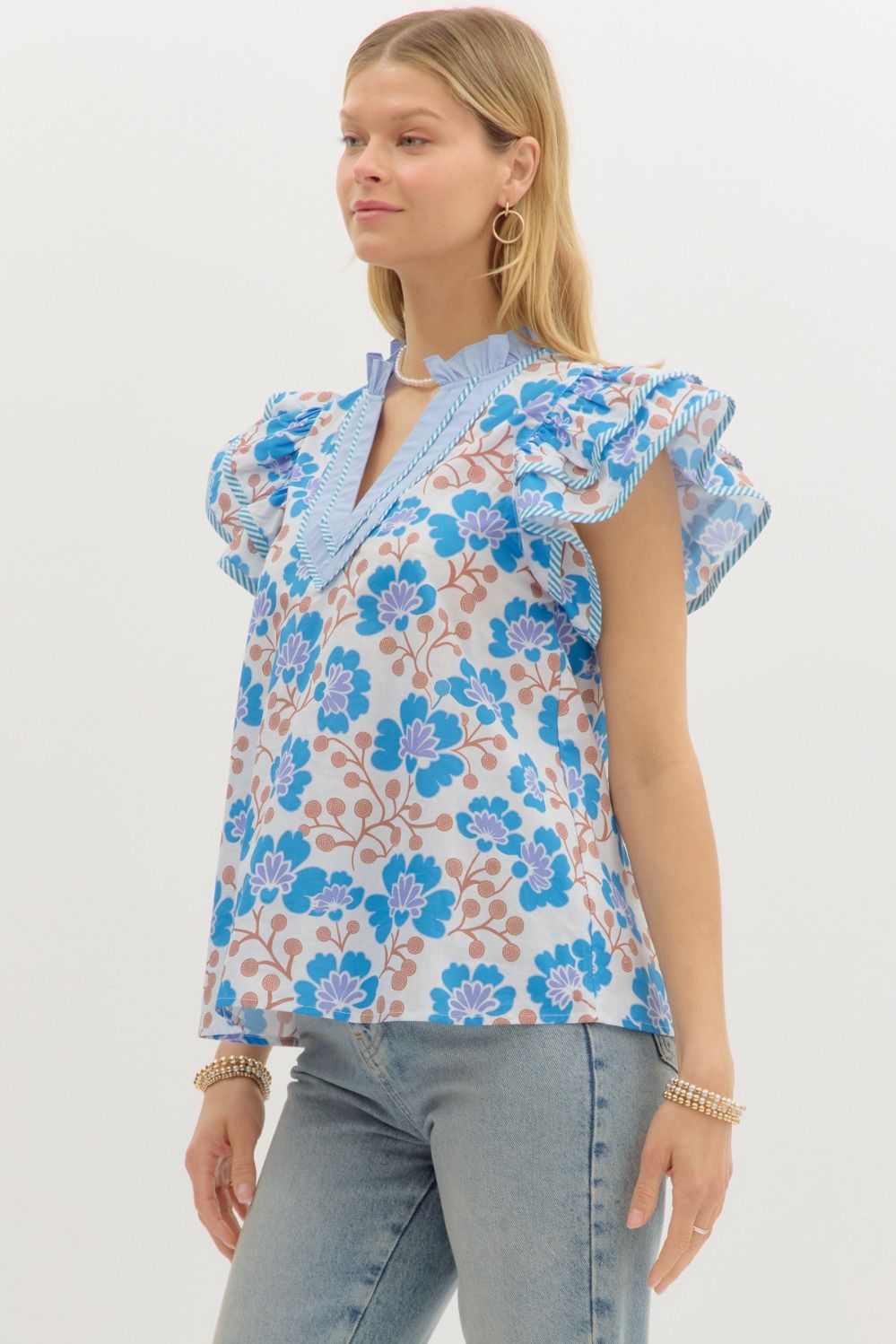 Dacia Floral Flutter Sleeve Top Blue